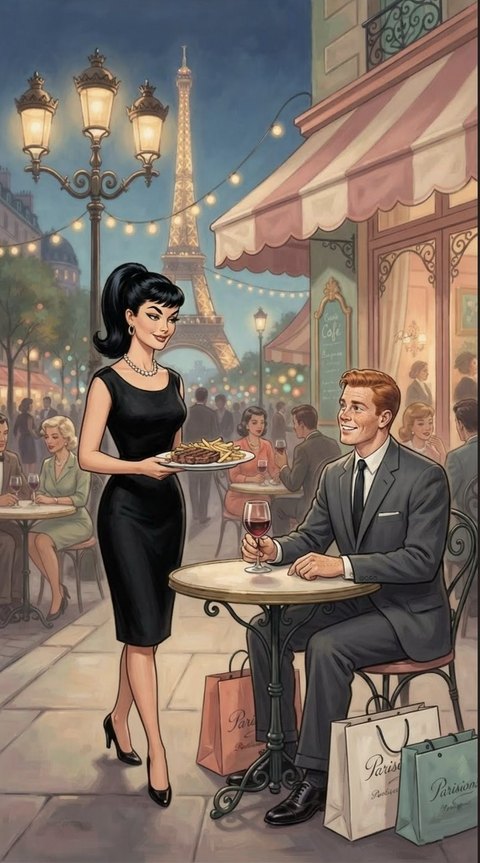An illustrated Paris café at dusk: a waitress serves a smiling man at a café table, with the Eiffel Tower lit up behind them
